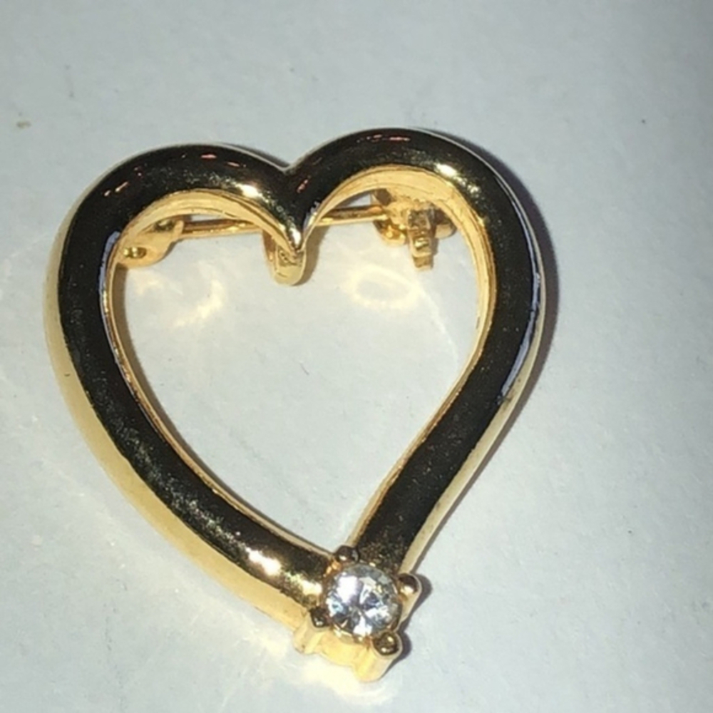 Gold Tone Heart & CZ Rhinestone Pendant or Brooch Shoulder Pin